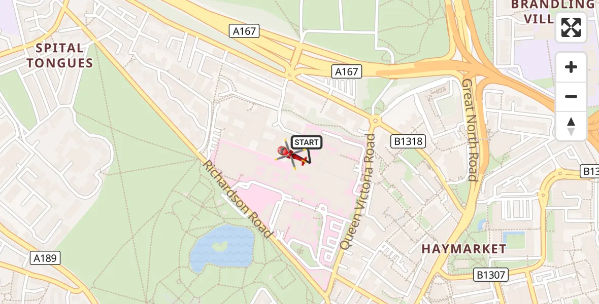 Flight route Air Ambulance Helicopter Newcastle Royal Victoria Infirmary - Newcastle Royal Victoria Infirmary, 26 September 2026, 17:35