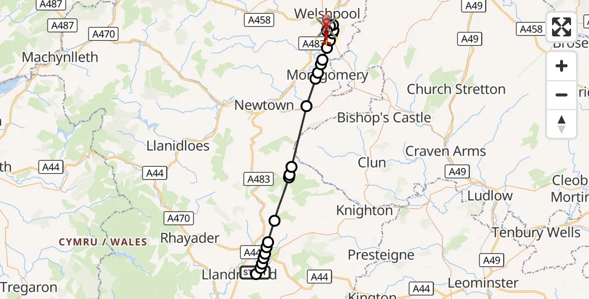 Flight route Air Ambulance Helicopter Llandrindod - Welshpool Airport, 26 September 2026, 17:40