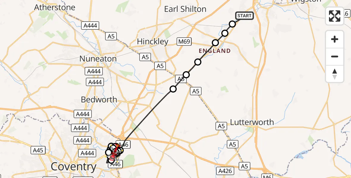 Flight route Air Ambulance Helicopter Narborough - Rugby, 26 September 2026, 17:42