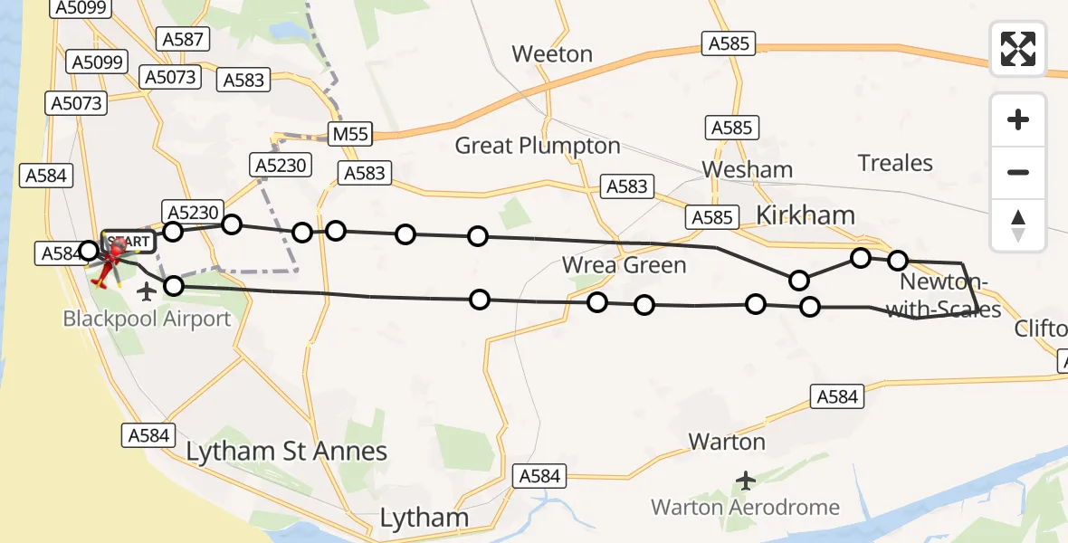 Flight route Air Ambulance Helicopter Blackpool Airport - Blackpool Airport, 26 September 2026, 17:43