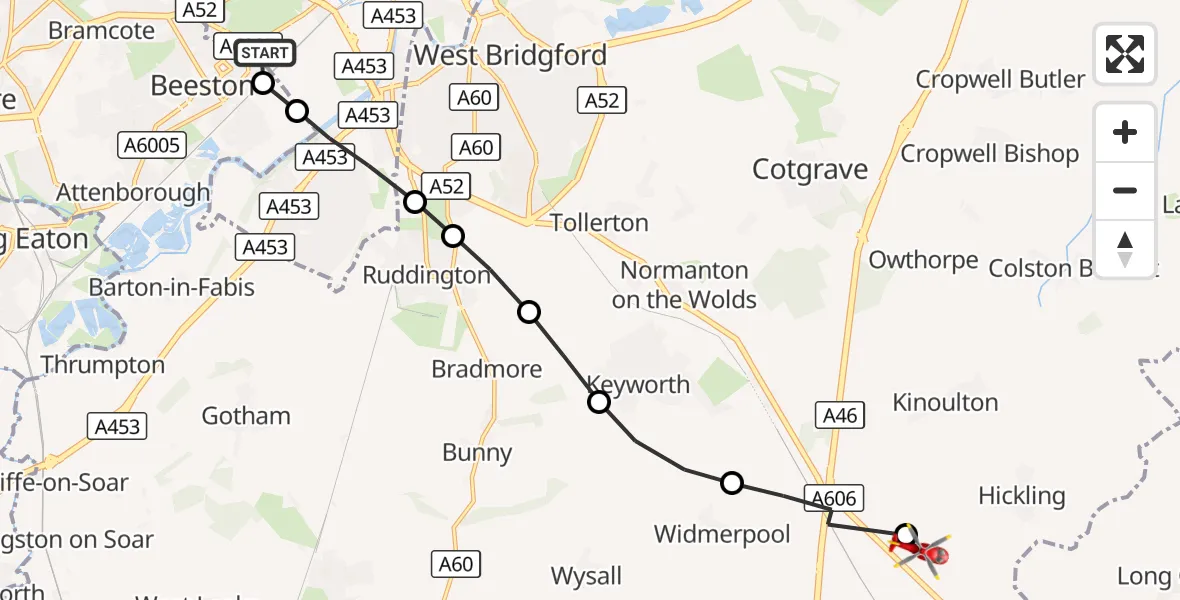 Flight route Air Ambulance Helicopter City of Nottingham - Hickling, 26 September 2026, 17:52