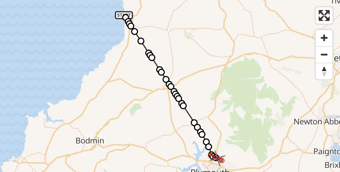 Flight route Air Ambulance Helicopter Morwenstow - Derriford Hospital, 26 September 2026, 17:52