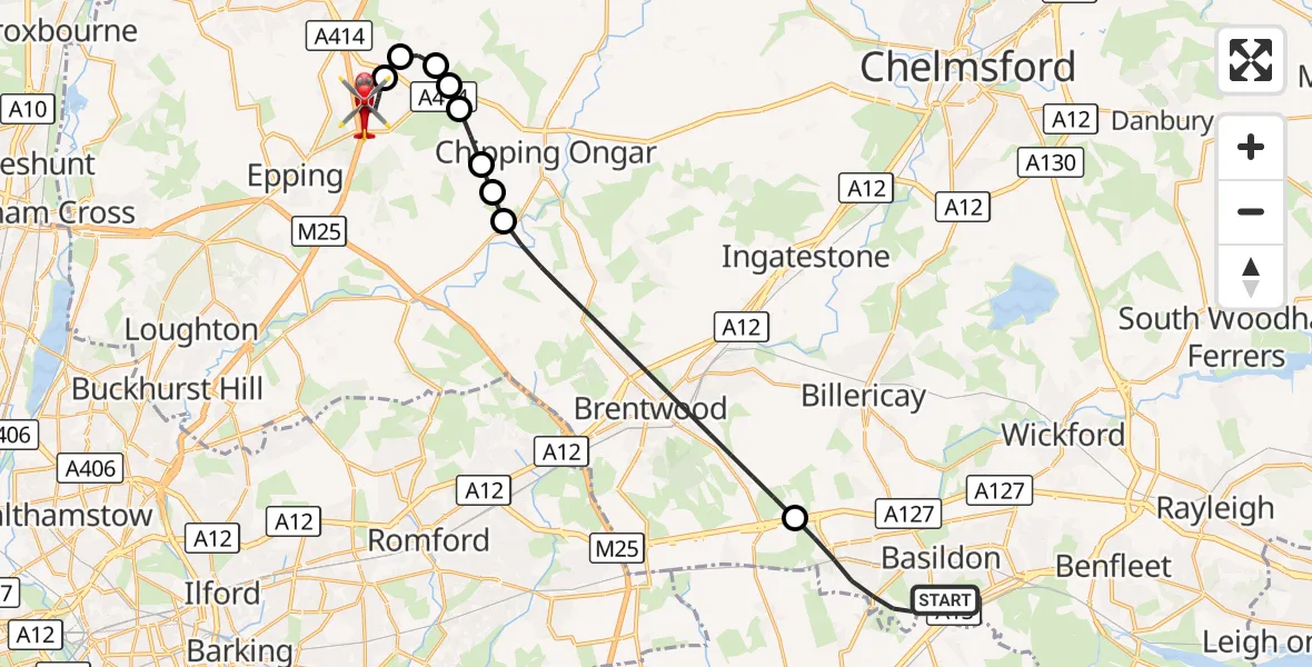 Flight route Air Ambulance Helicopter Basildon - North Weald Airfield, 26 September 2026, 18:03