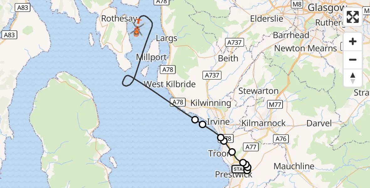Flight route Coastguard Helicopter Glasgow Prestwick Airport - Inner Seas, 26 September 2026, 18:08