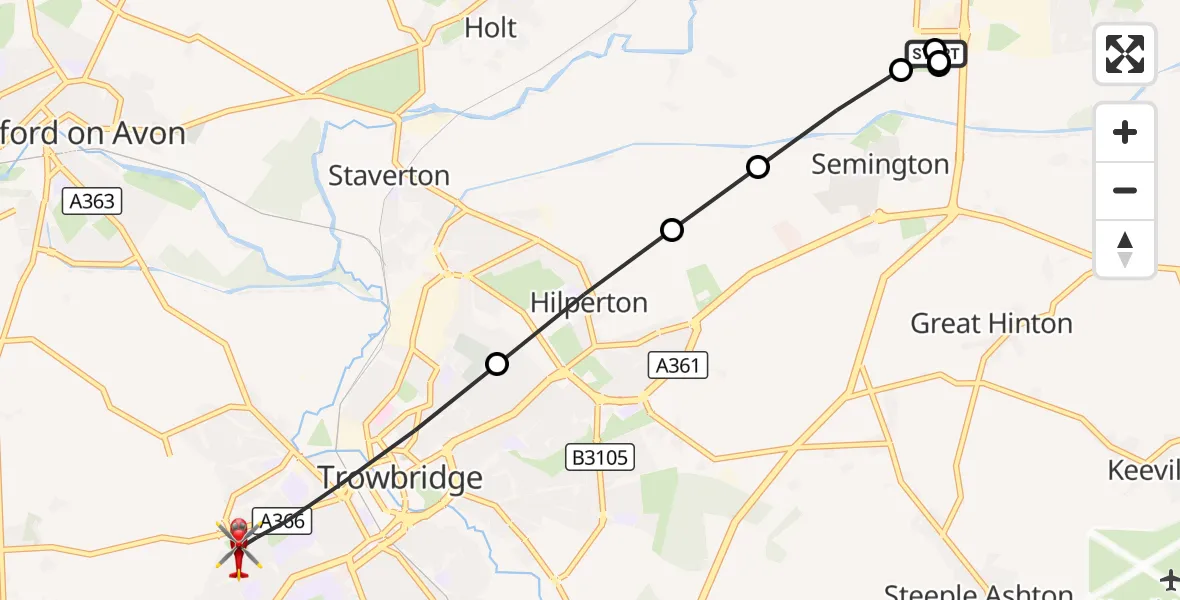 Flight route Air Ambulance Helicopter Wiltshire Air Ambulance - Trowbridge, 26 September 2026, 18:12