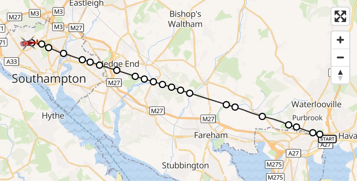 Flight route Air Ambulance Helicopter Havant - Shirley, 26 September 2026, 18:17