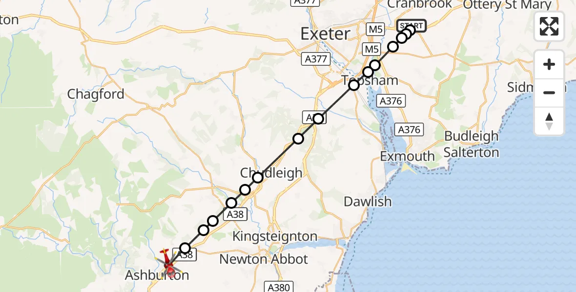 Flight route Air Ambulance Helicopter Exeter International Airport - Ashburton, 26 September 2026, 18:19