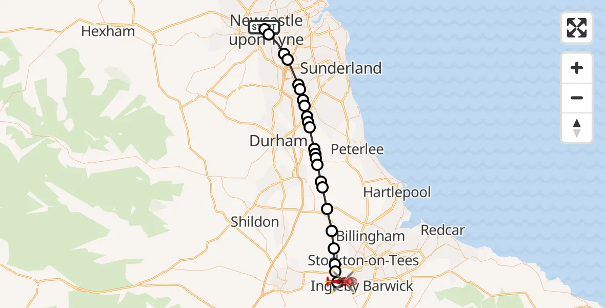 Flight route Air Ambulance Helicopter Newcastle Royal Victoria Infirmary - Egglescliffe, 26 September 2026, 18:25