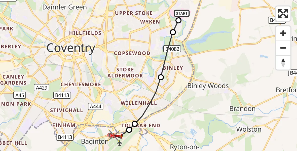 Flight route Air Ambulance Helicopter University Hospital Coventry - Tollbar End, 26 September 2026, 18:26