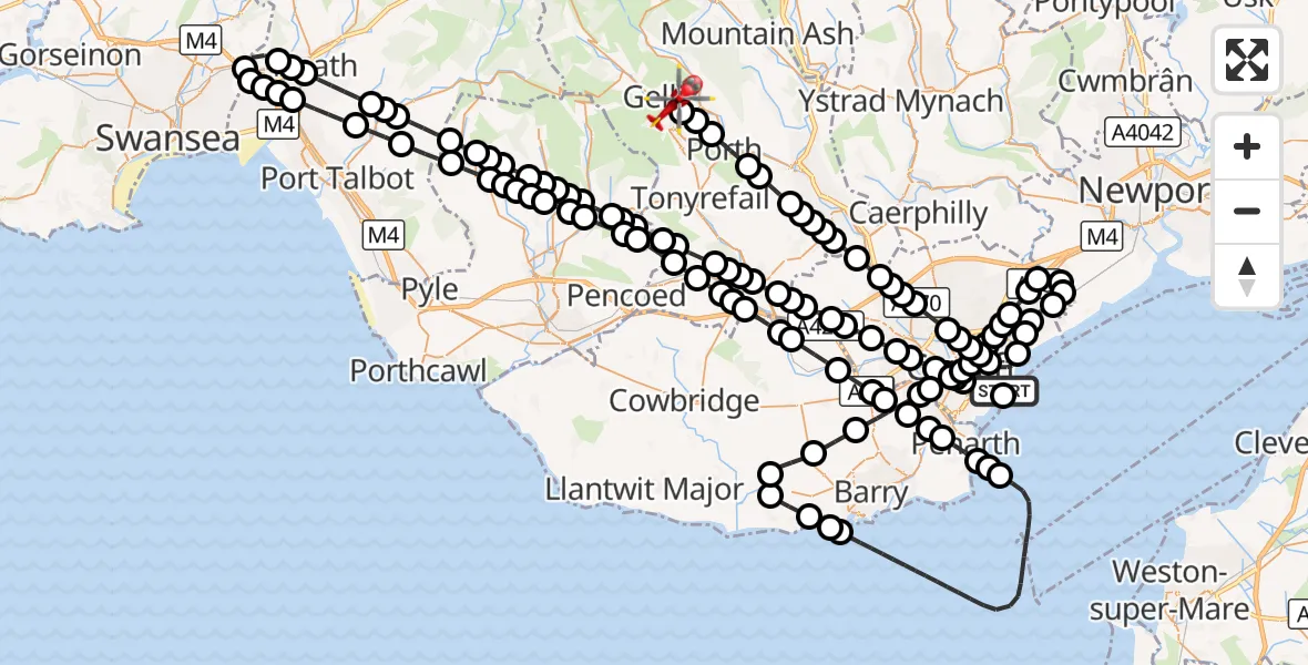 Flight route Air Ambulance Helicopter Cardiff Heliport - Llwynypia, 26 September 2026, 18:38