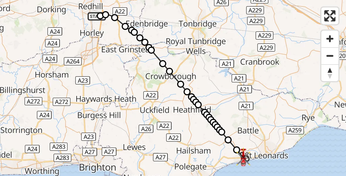 Flight route Air Ambulance Helicopter Redhill Aerodrome - Bexhill-on-Sea, 26 September 2026, 18:43