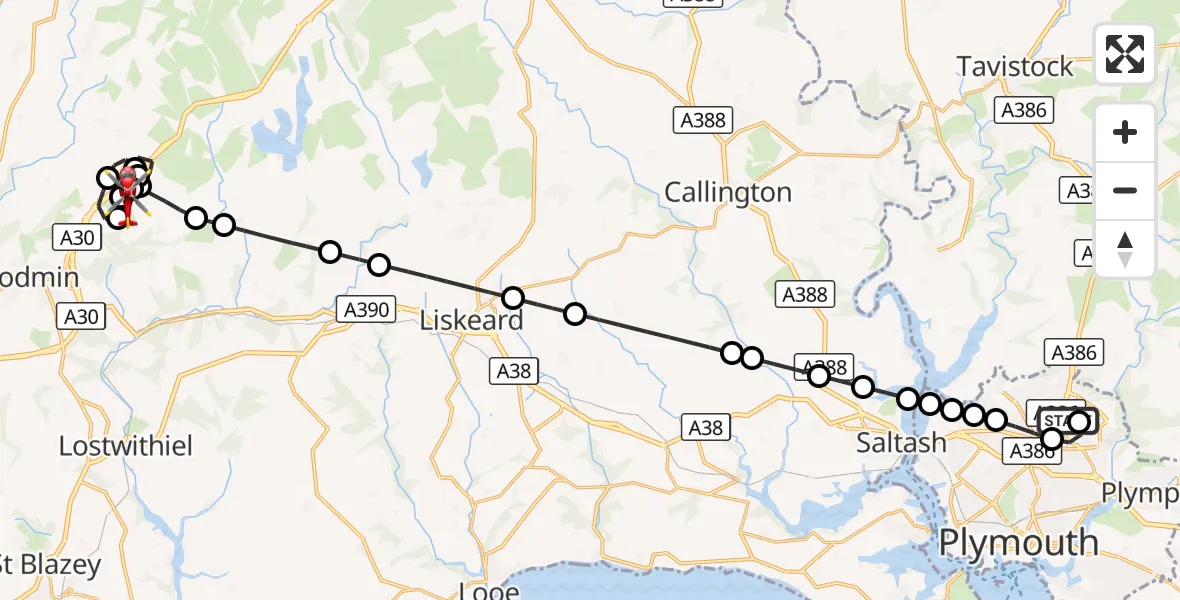 Flight route Air Ambulance Helicopter Derriford Hospital - Bodmin Airfield, 26 September 2026, 18:44