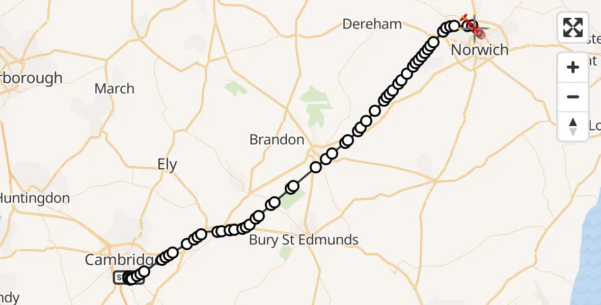 Flight route Air Ambulance Helicopter Papworth Hospital - Norwich Airport, 26 September 2026, 18:58