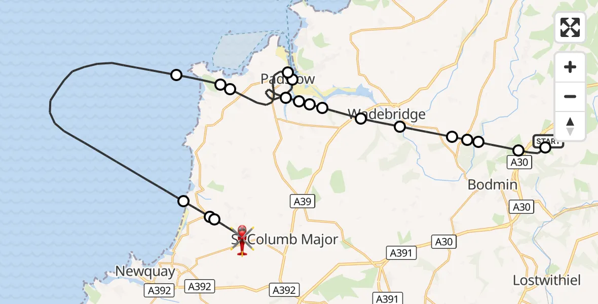 Flight route Air Ambulance Helicopter Bodmin Airfield - Cornwall Airport Newquay, 26 September 2026, 19:09