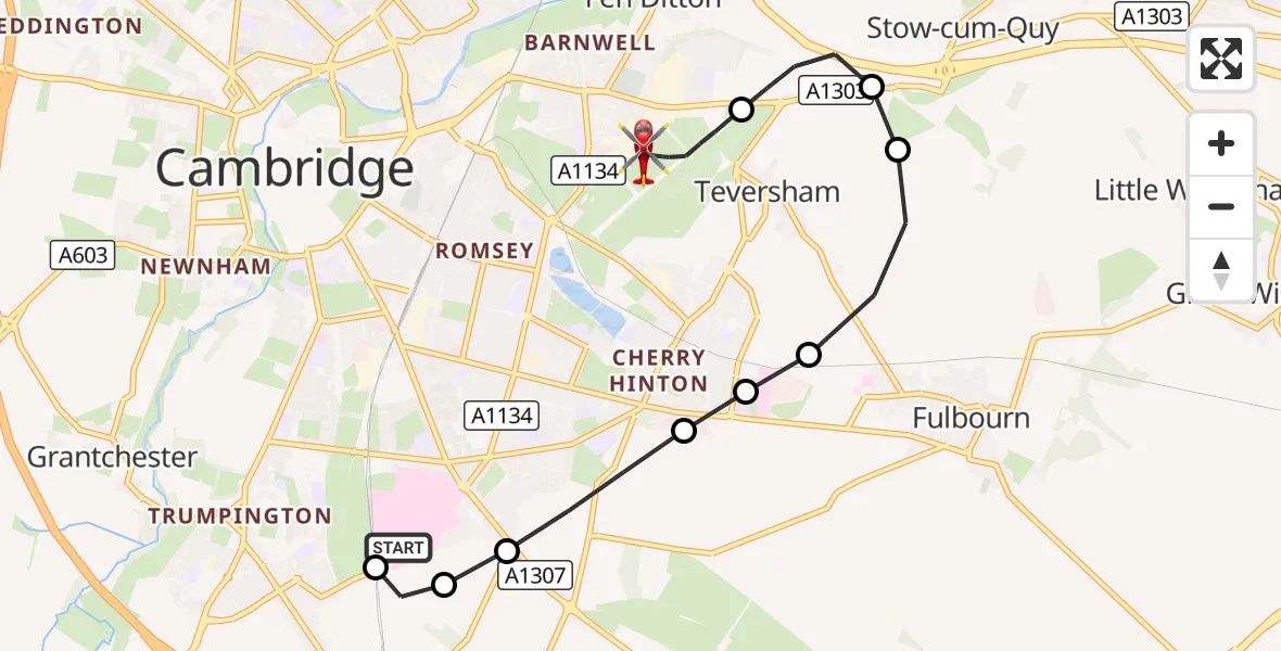 Flight route Air Ambulance Helicopter Papworth Hospital - Cambridge City Airport, 26 September 2026, 19:11