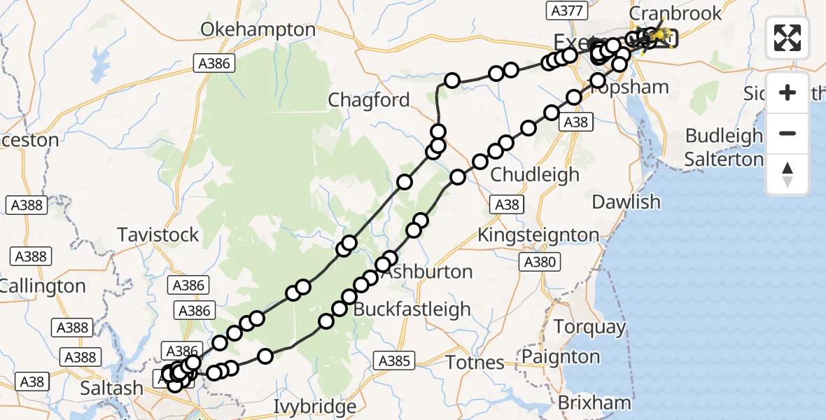 Flight route Police Helicopter Exeter International Airport - East Devon, 26 September 2026, 19:26