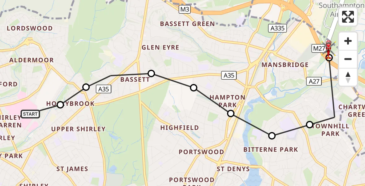 Flight route Air Ambulance Helicopter University Hospital Southampton - Southampton Airport, 26 September 2026, 19:26