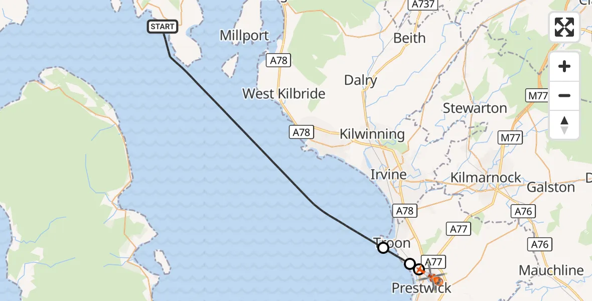 Flight route Coastguard Helicopter Inner Seas - Glasgow Prestwick Airport, 26 September 2026, 19:41