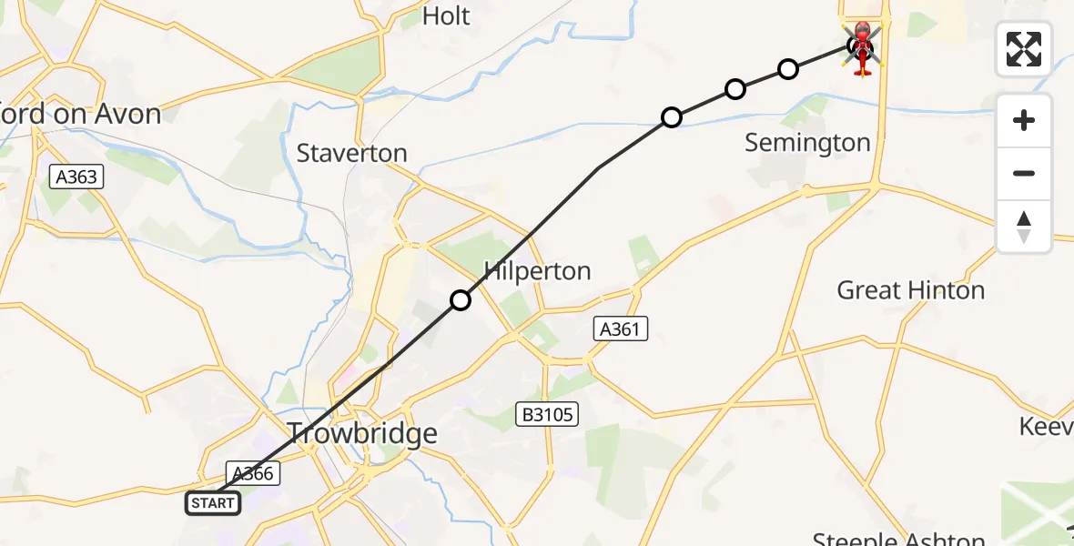 Flight route Air Ambulance Helicopter Trowbridge - Wiltshire Air Ambulance, 26 September 2026, 19:47