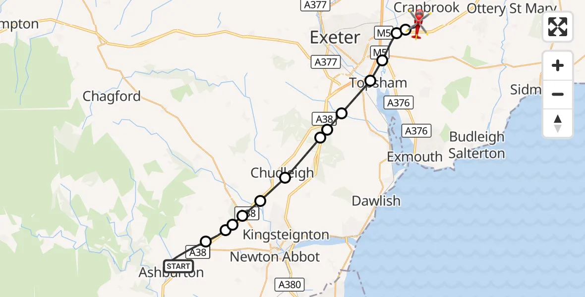 Flight route Air Ambulance Helicopter Ashburton - Exeter International Airport, 26 September 2026, 19:51