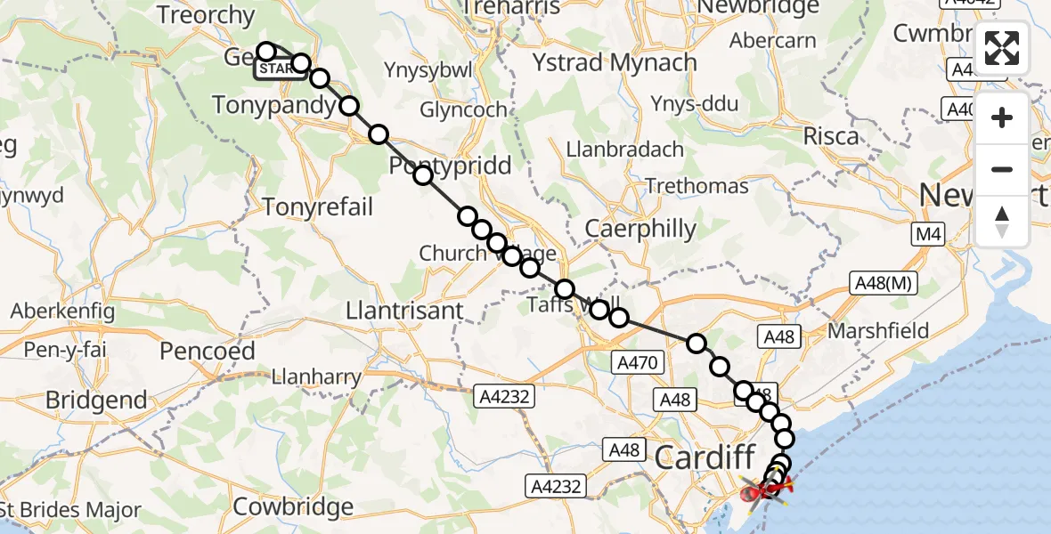 Flight route Air Ambulance Helicopter Llwynypia - Cardiff Heliport, 26 September 2026, 20:23
