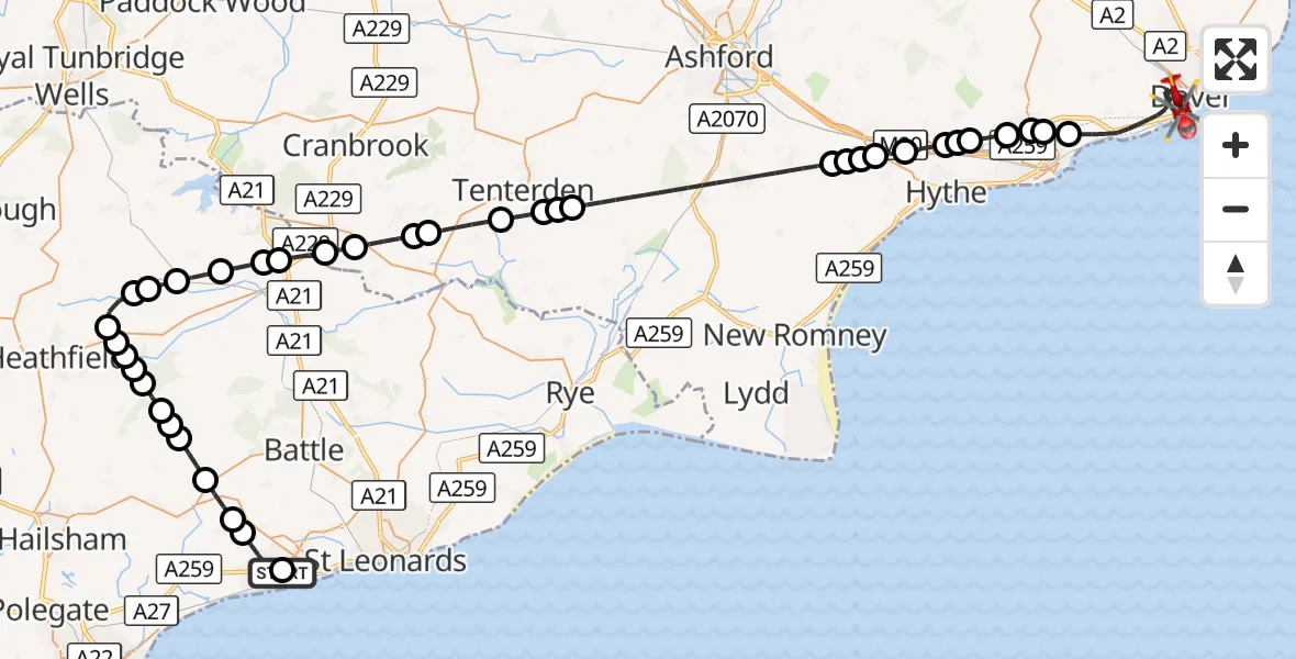 Flight route Air Ambulance Helicopter Rother - Dover, 26 September 2026, 20:52