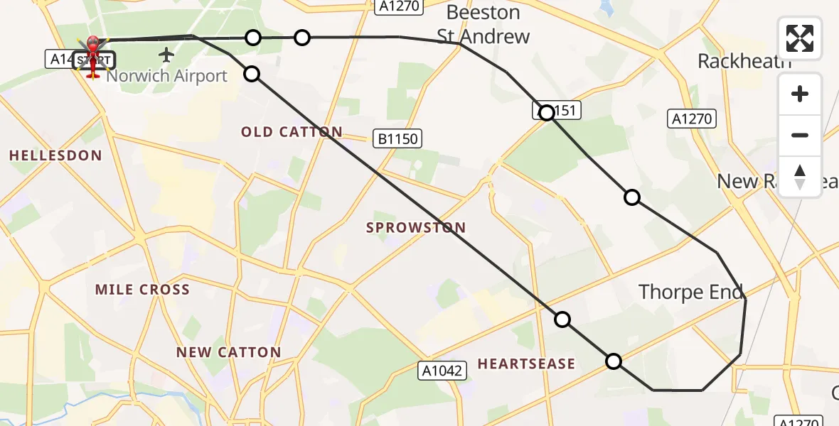 Flight route Air Ambulance Helicopter Norwich Airport - Norwich Airport, 26 September 2026, 21:25