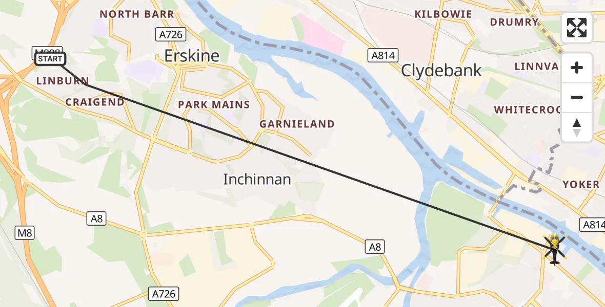 Flight route Police Helicopter Erskine - Renfrew, 26 September 2026, 21:26