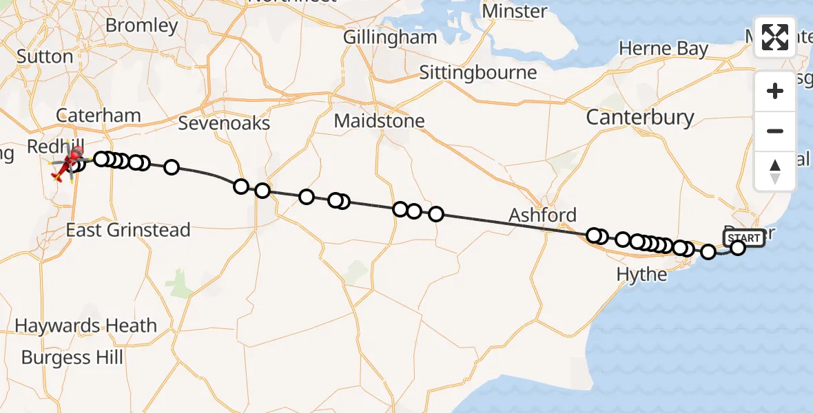 Flight route Air Ambulance Helicopter Dover - Redhill Aerodrome, 26 September 2026, 22:12