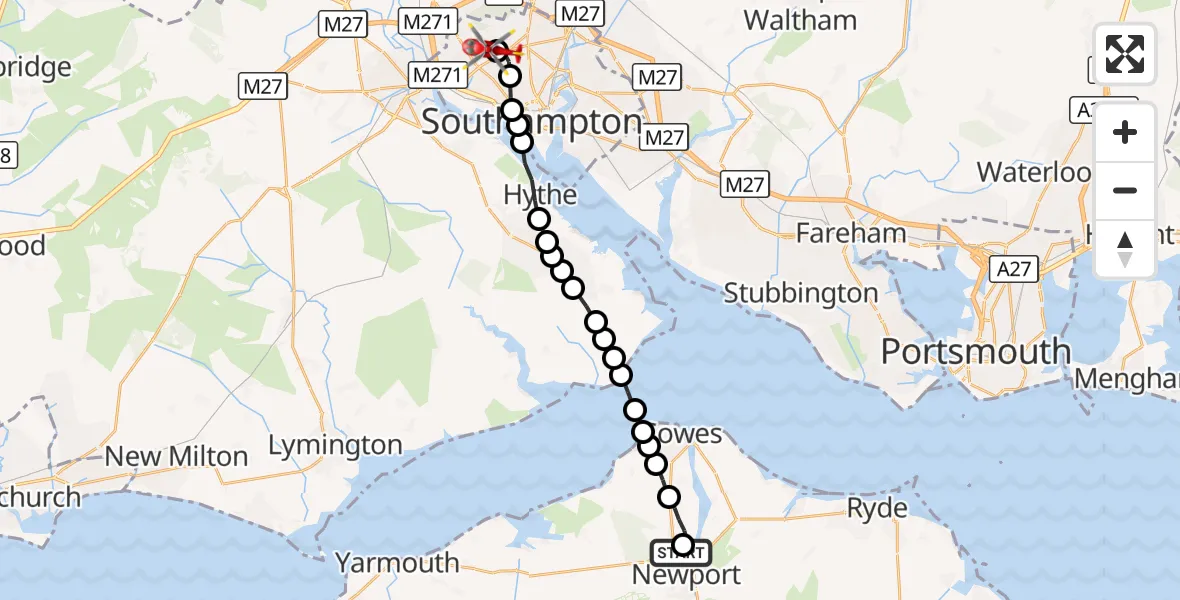 Flight route Air Ambulance Helicopter St Marys Hospital Isle Of Wight - Shirley, 26 September 2026, 22:57