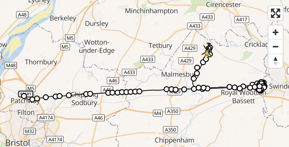 Flight route Police Helicopter Almondsbury - Oaksey Park Airfield, 26 September 2026, 23:06