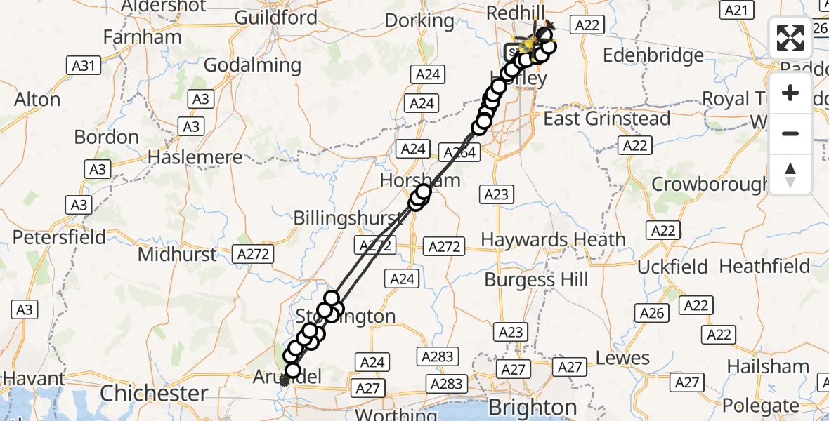 Flight route Police Helicopter Salfords - Redhill Aerodrome, 26 September 2026, 23:08