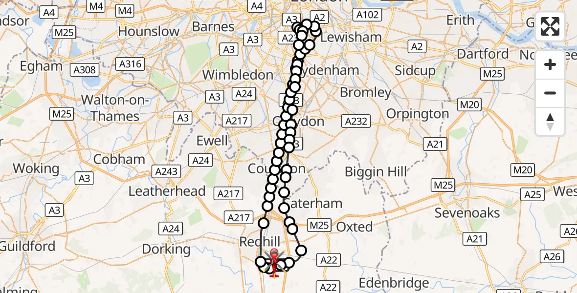 Flight route Air Ambulance Helicopter Redhill Aerodrome - Redhill Aerodrome, 26 September 2026, 23:39