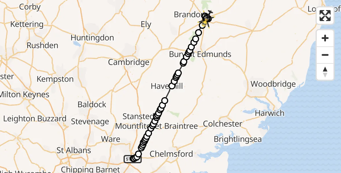 Flight route Police Helicopter North Weald Airfield - Croxton, 26 September 2026, 23:40
