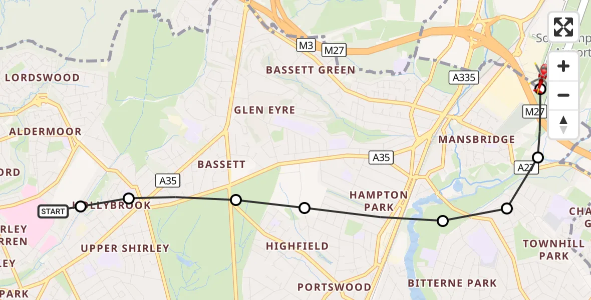 Flight route Air Ambulance Helicopter University Hospital Southampton - Southampton Airport, 26 September 2026, 23:49