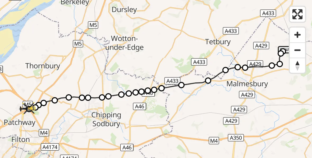Flight route Police Helicopter Oaksey Park Airfield - Almondsbury Helicopter Base, 27 September 2026, 00:13