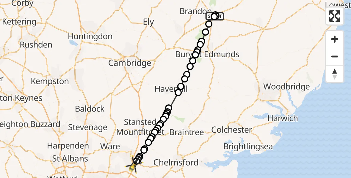 Flight route Police Helicopter Thetford - North Weald Airfield, 27 September 2026, 00:34