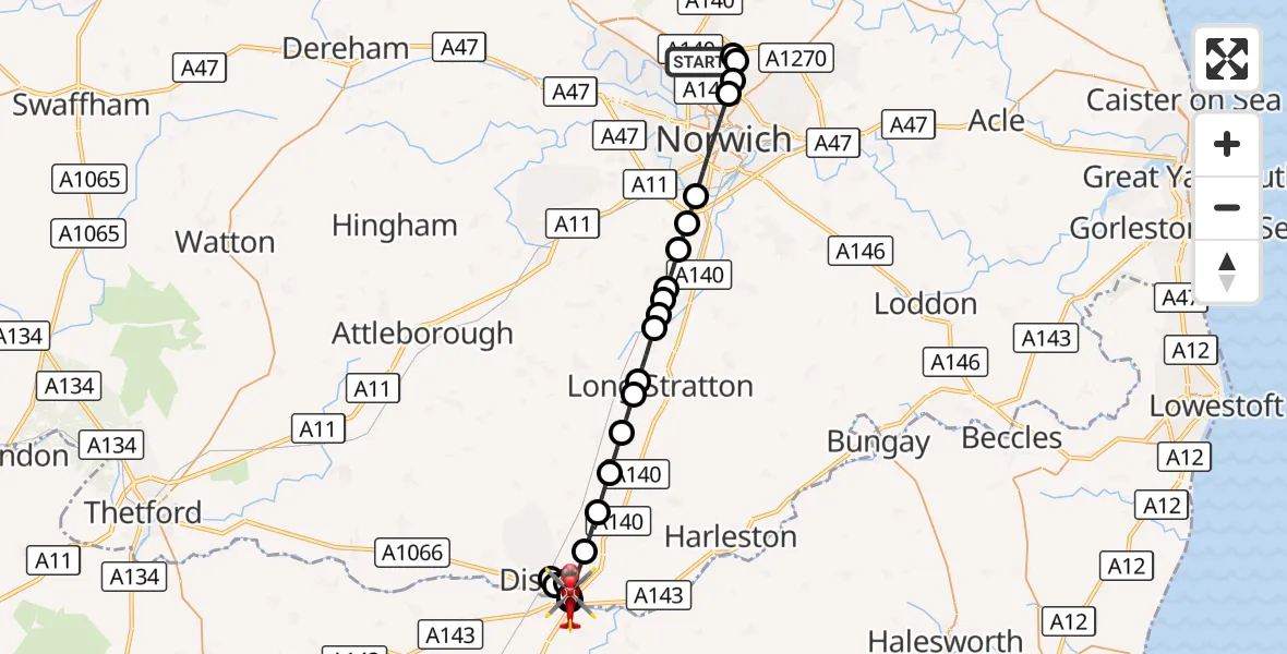 Flight route Air Ambulance Helicopter Norwich Airport - Stuston, 27 September 2026, 00:45