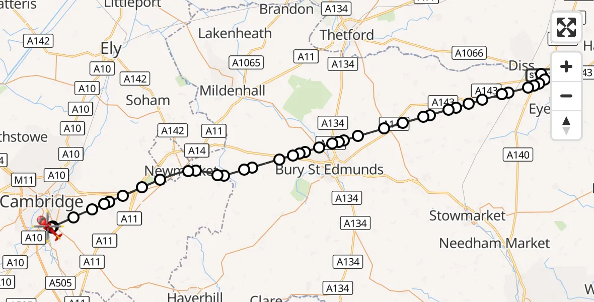 Flight route Air Ambulance Helicopter South Norfolk - Papworth Hospital, 27 September 2026, 01:52