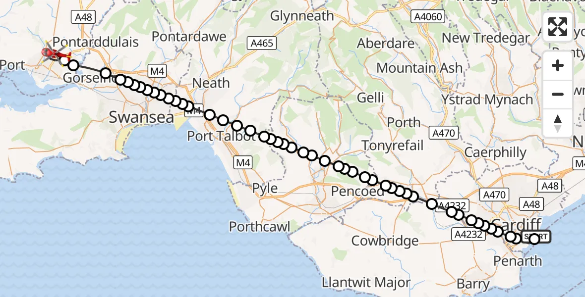 Flight route Air Ambulance Helicopter Cardiff Heliport - Dafen, 27 September 2026, 01:55