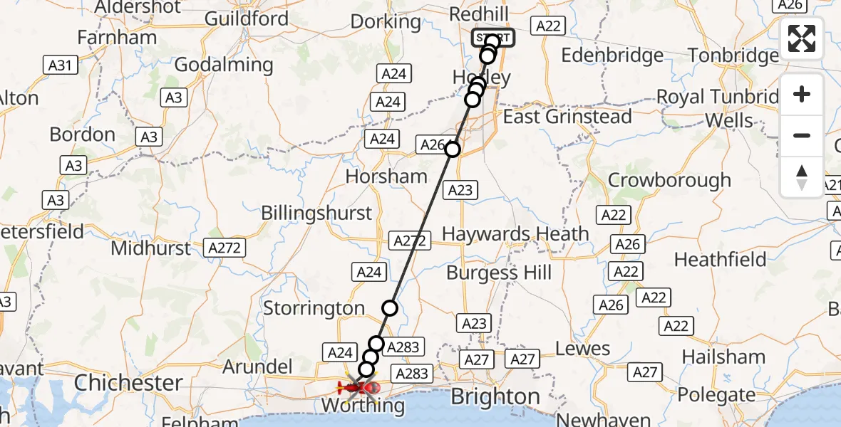 Flight route Air Ambulance Helicopter Redhill Aerodrome - Worthing, 27 September 2026, 02:29