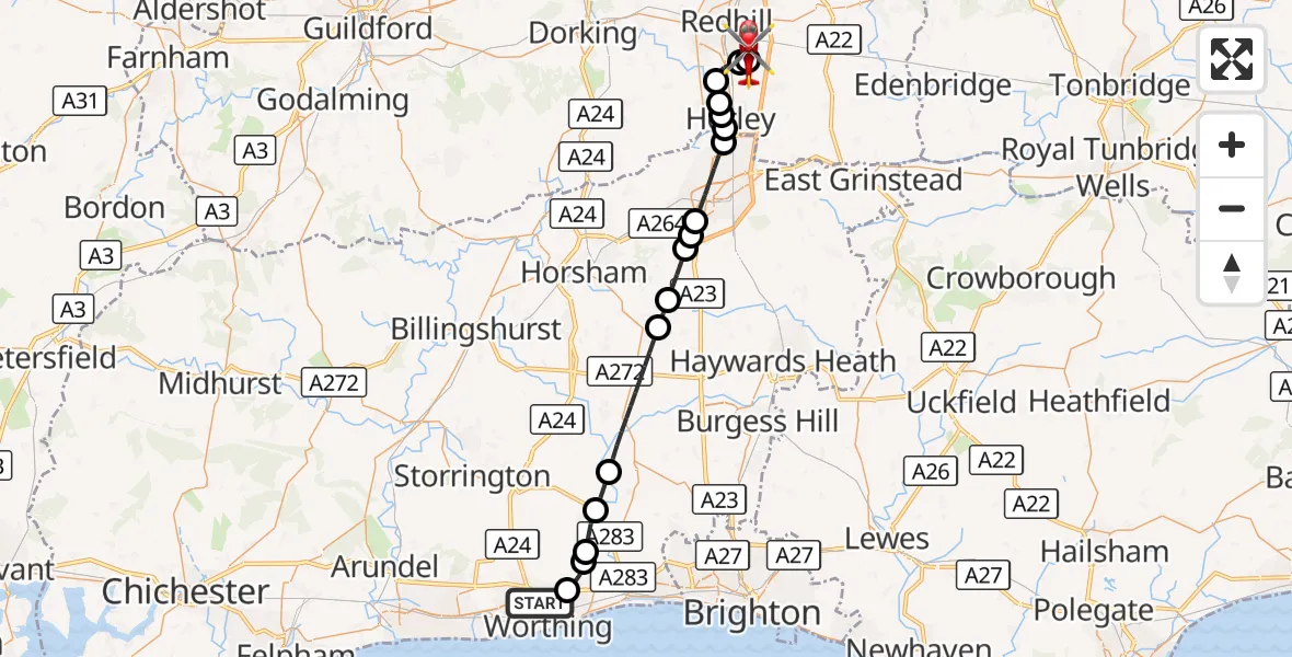 Flight route Air Ambulance Helicopter Worthing - Redhill Aerodrome, 27 September 2026, 03:11