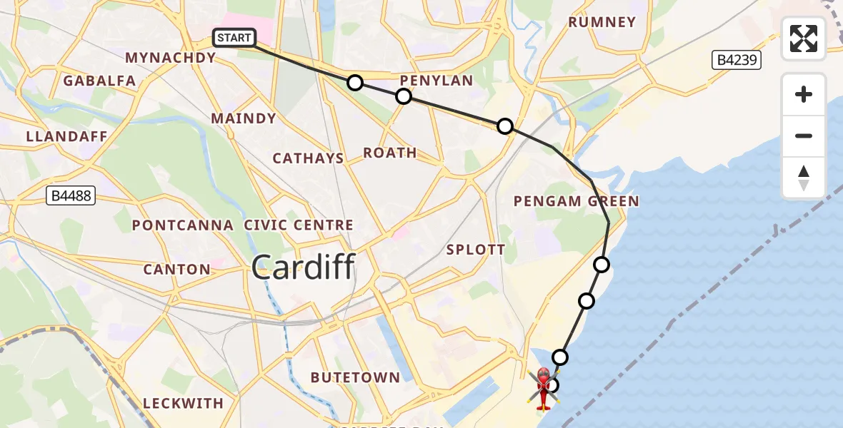 Flight route Air Ambulance Helicopter Birchgrove - Cardiff Heliport, 27 September 2026, 04:08