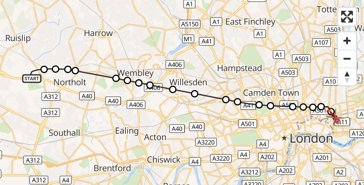 Flight route Air Ambulance Helicopter RAF Northolt - Whitechapel, 27 September 2026, 07:14