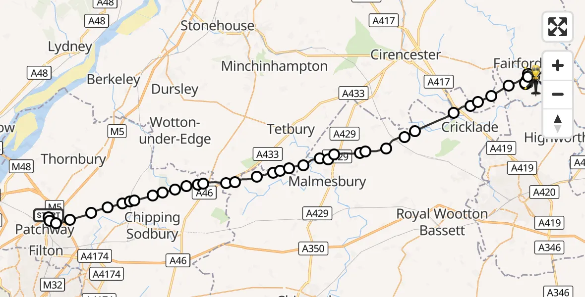 Flight route Police Helicopter Almondsbury Helicopter Base - Kempsford, 27 September 2026, 07:57