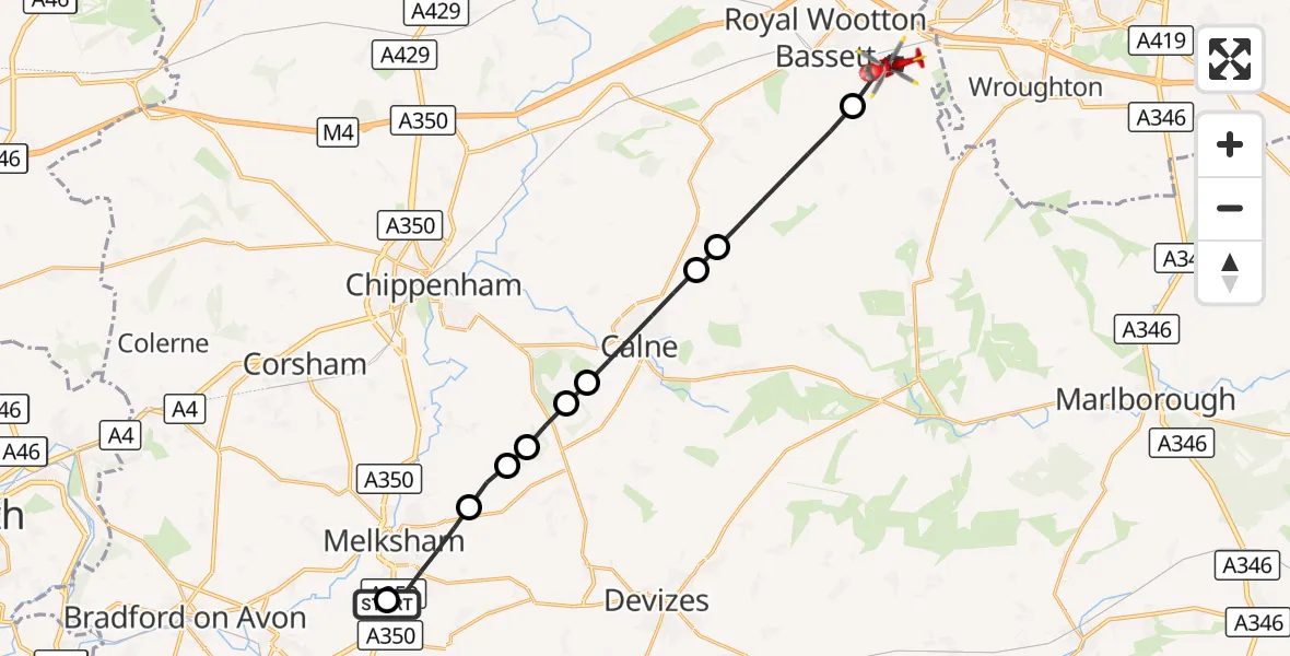 Flight route Air Ambulance Helicopter Wiltshire Air Ambulance - Royal Wootton Bassett, 27 September 2026, 08:00