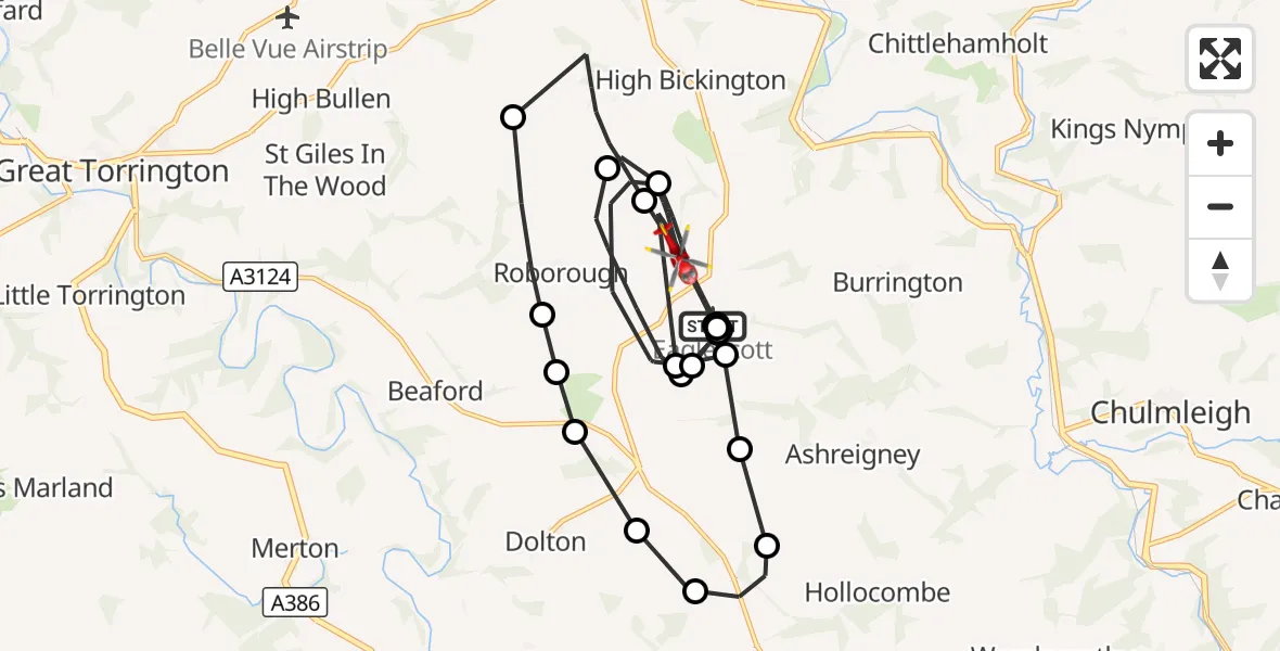 Flight route Air Ambulance Helicopter Eaglescott Airfield - Roborough, 27 September 2026, 08:02