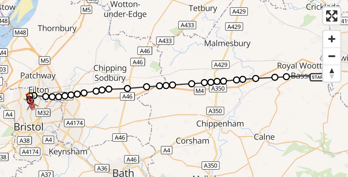 Flight route Air Ambulance Helicopter Royal Wootton Bassett - Bristol, 27 September 2026, 08:41