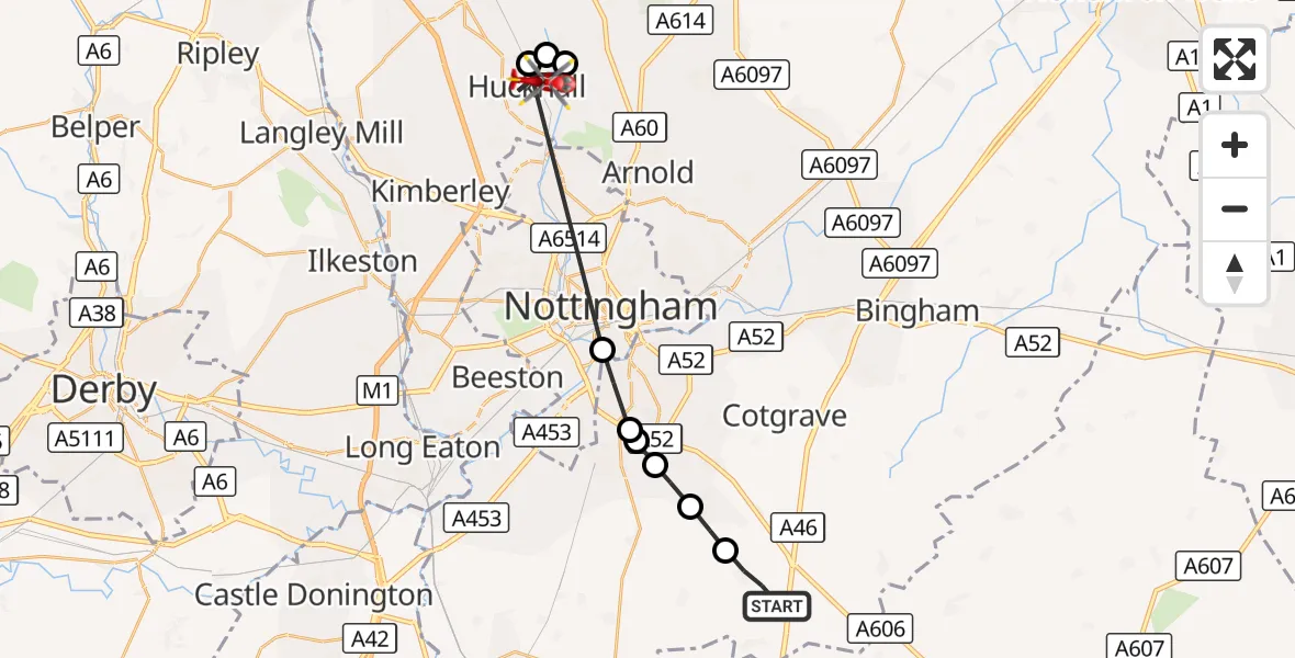 Flight route Air Ambulance Helicopter Widmerpool - Hucknall, 27 September 2026, 09:23