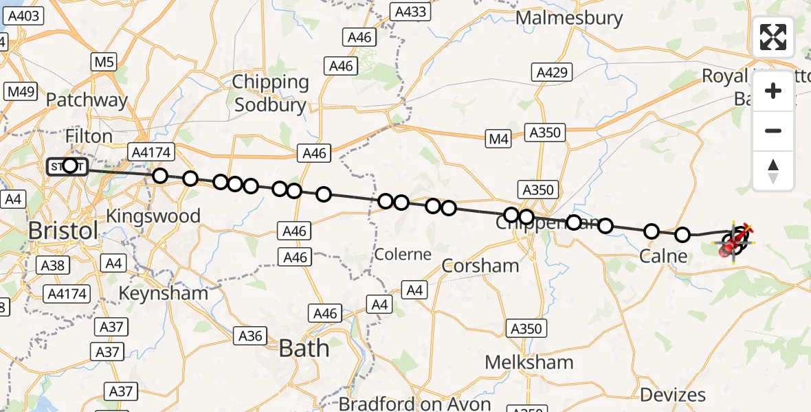 Flight route Air Ambulance Helicopter Southmead Hospital - Compton Bassett, 27 September 2026, 09:30